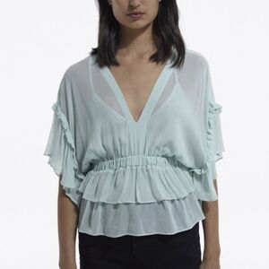 The Kooples Mint Green Ruffled Short Sleeve Top Size 1 (Small)